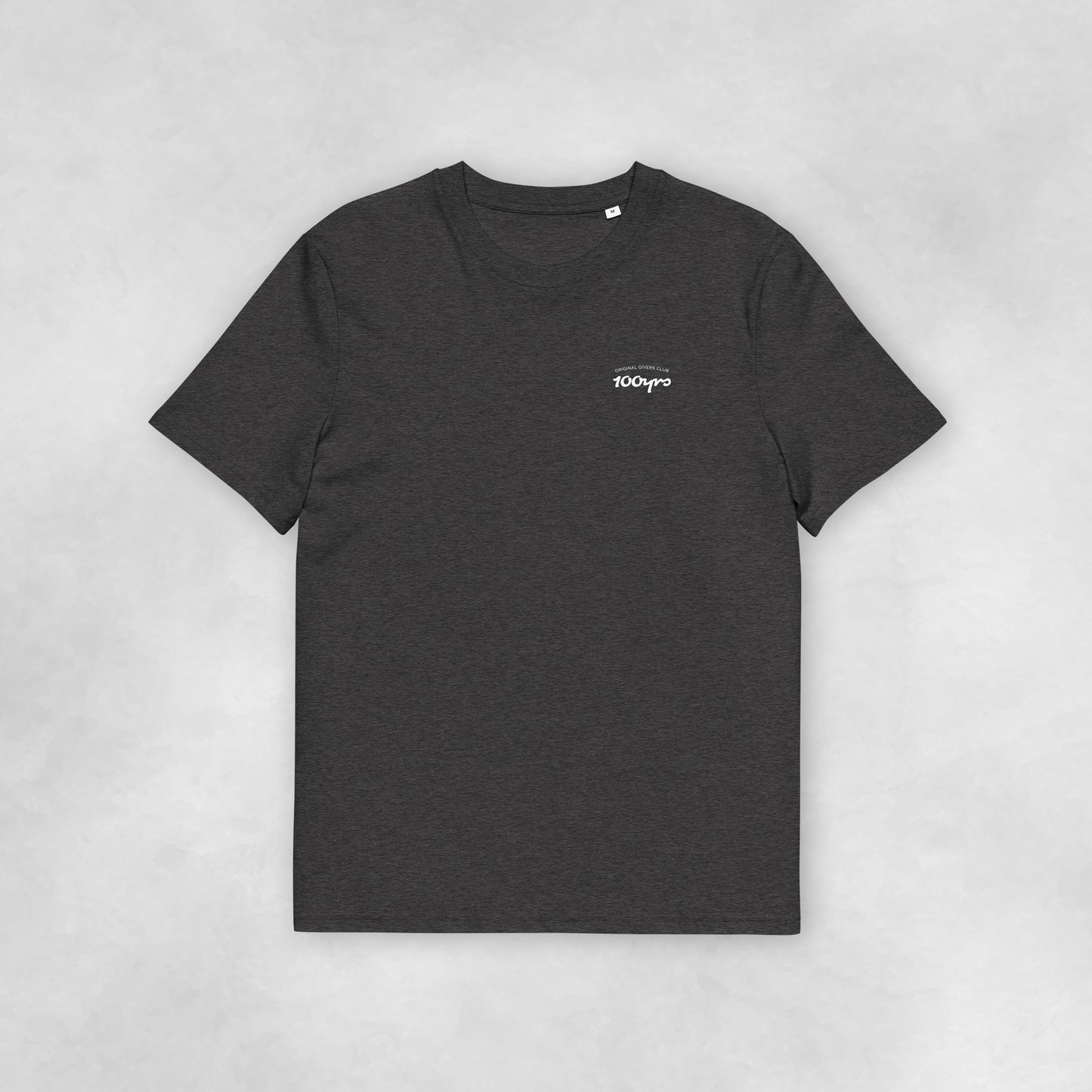 Front view of a dark heather grey coloured 100% organic cotton t-shirt.