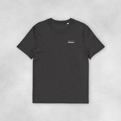 Front view of a dark heather grey coloured 100% organic cotton t-shirt.