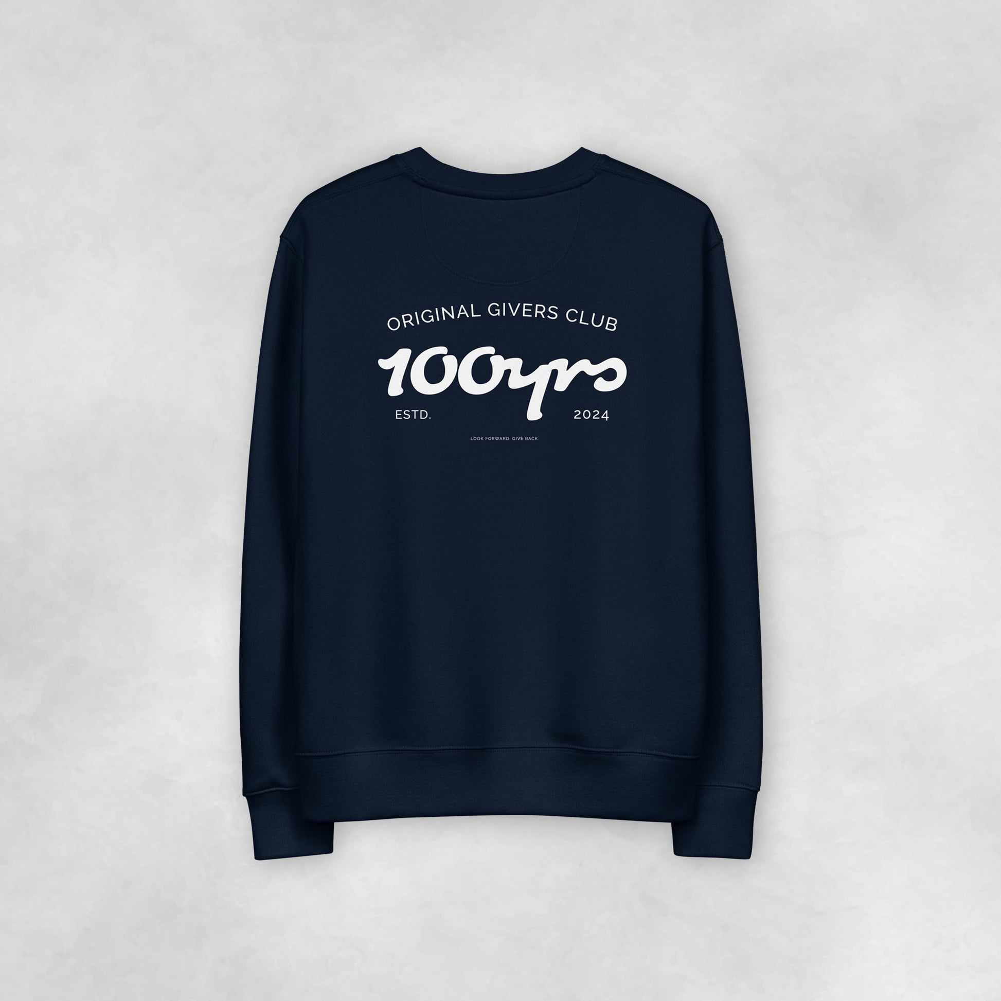 The back view of a navy coloured 100% organic cotton sweatshirt.