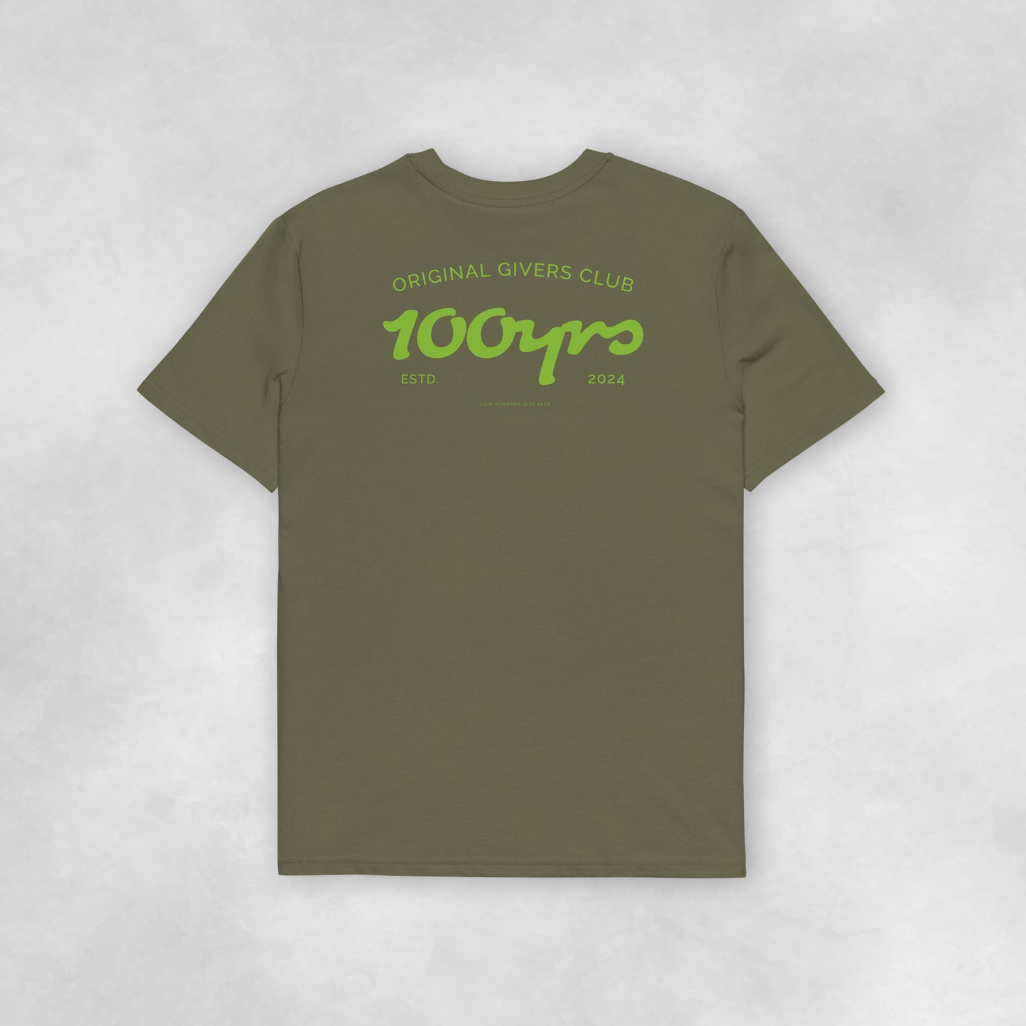 Back view of a khaki coloured 100% organic cotton t-shirt.