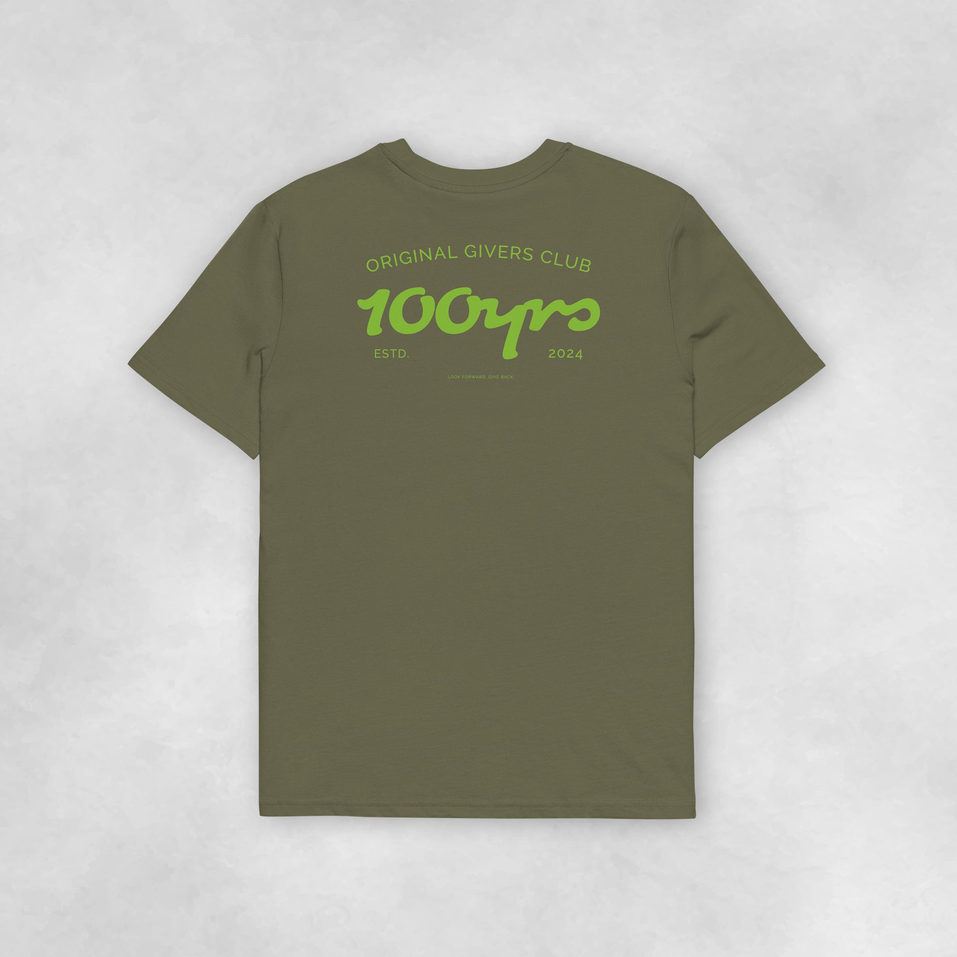 Back view of a khaki coloured 100% organic cotton t-shirt.