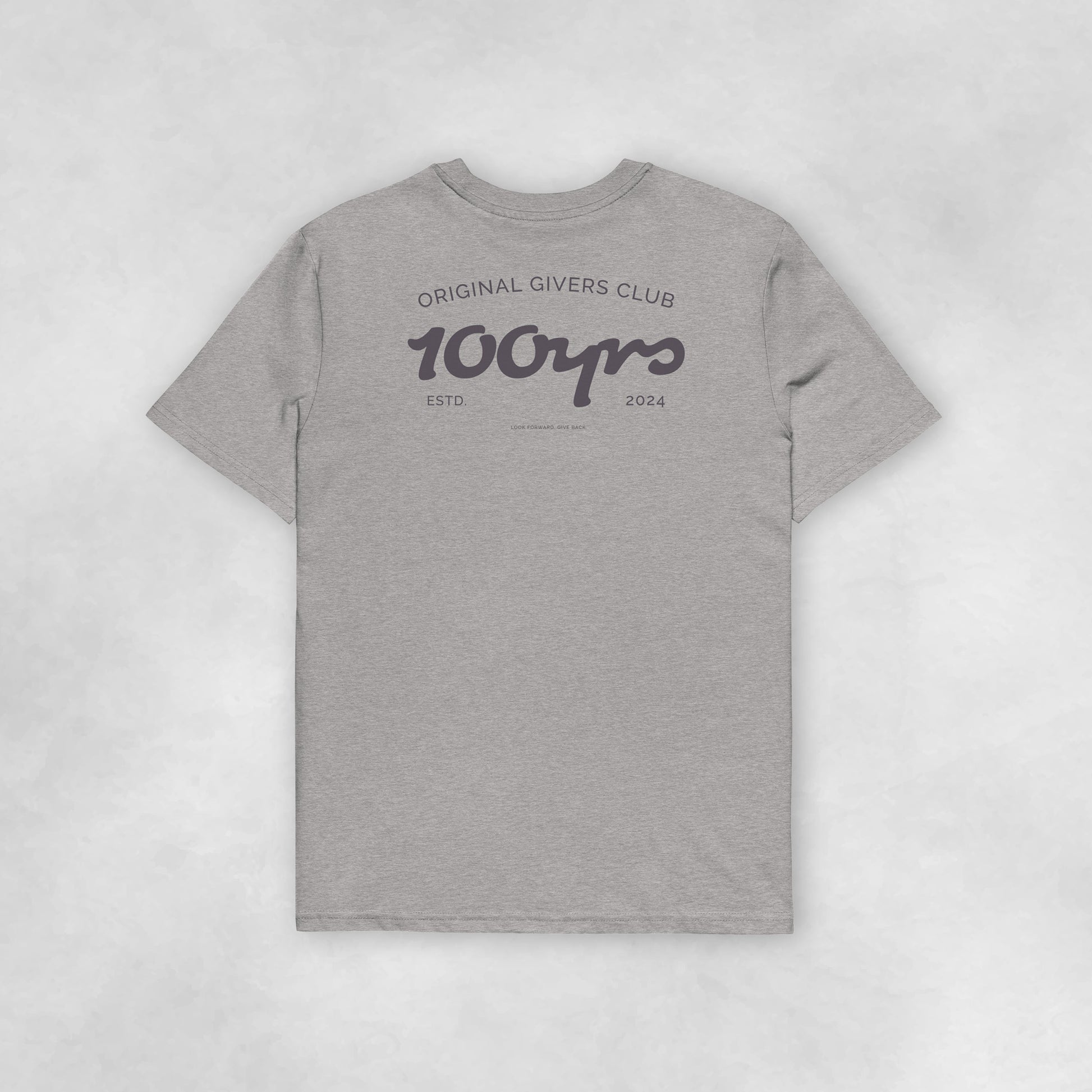 Back view of a heather grey coloured 100% organic cotton t-shirt.