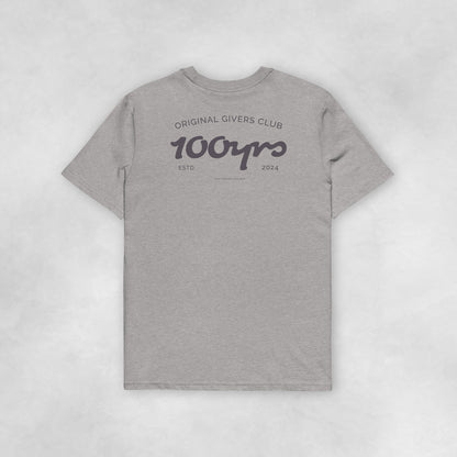 Back view of a heather grey coloured 100% organic cotton t-shirt.