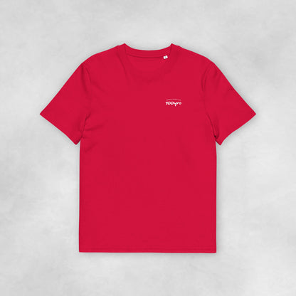 Front view of a red coloured 100% organic cotton t-shirt.