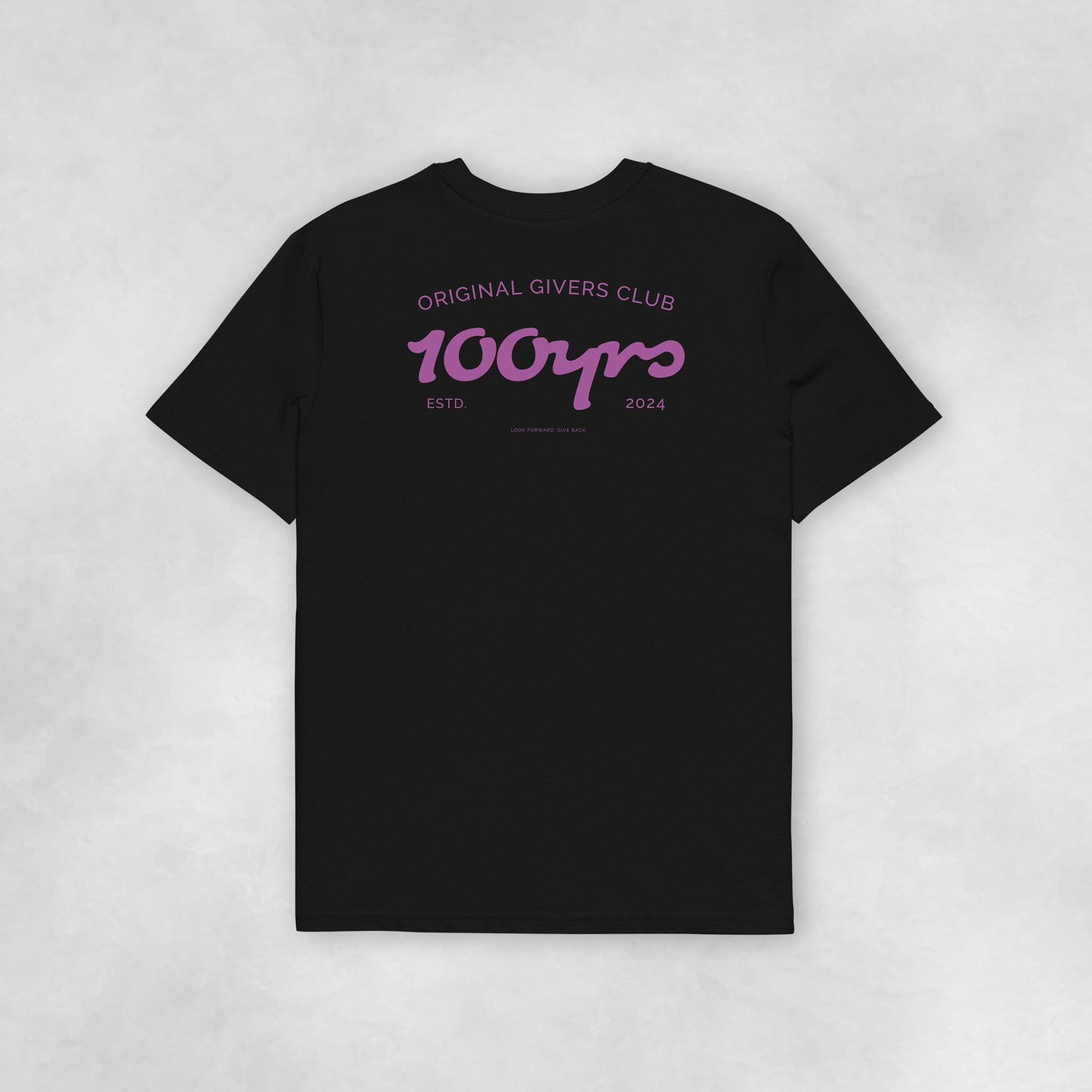 Back view of a black coloured 100% organic cotton t-shirt.