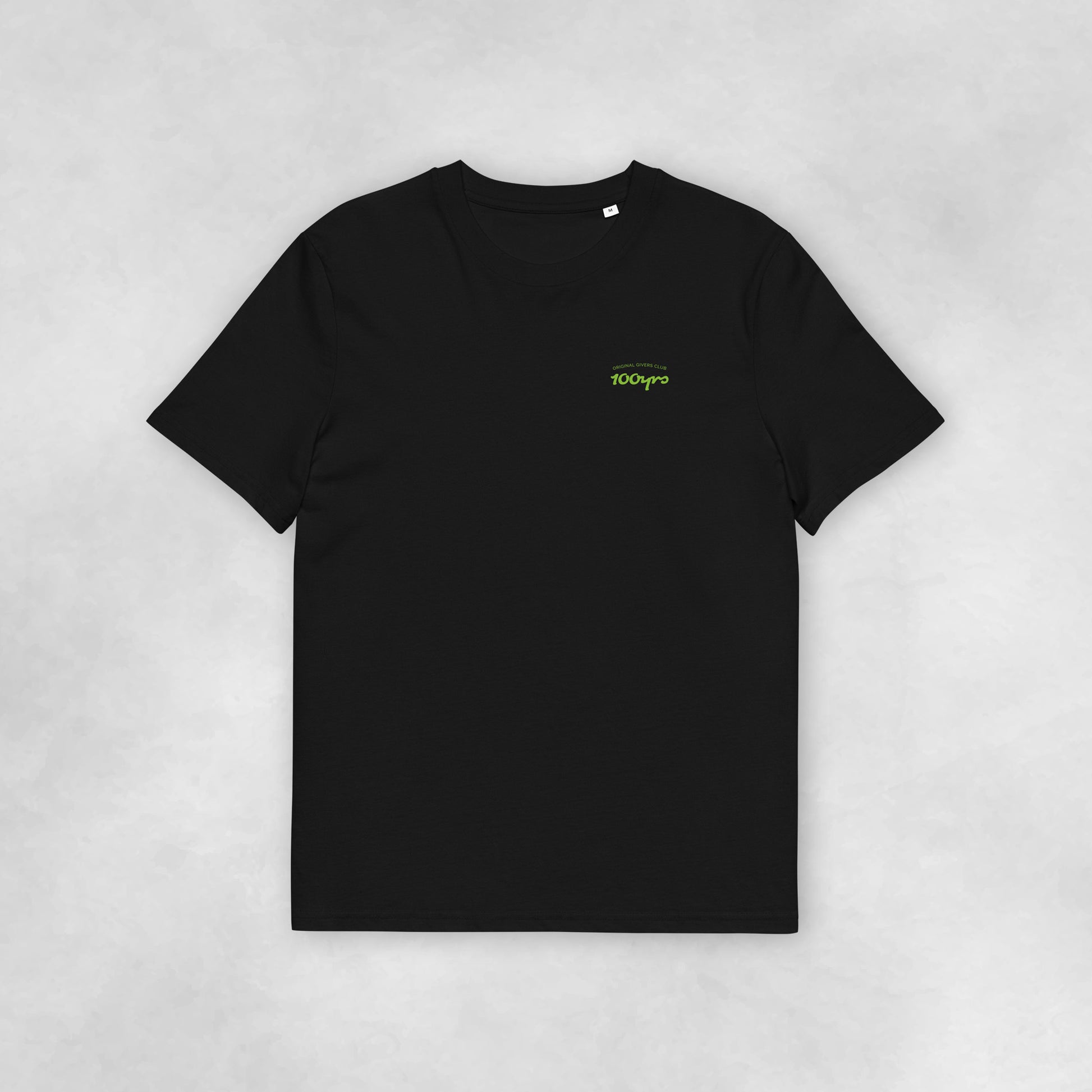 Front view of a black coloured 100% organic cotton t-shirt.