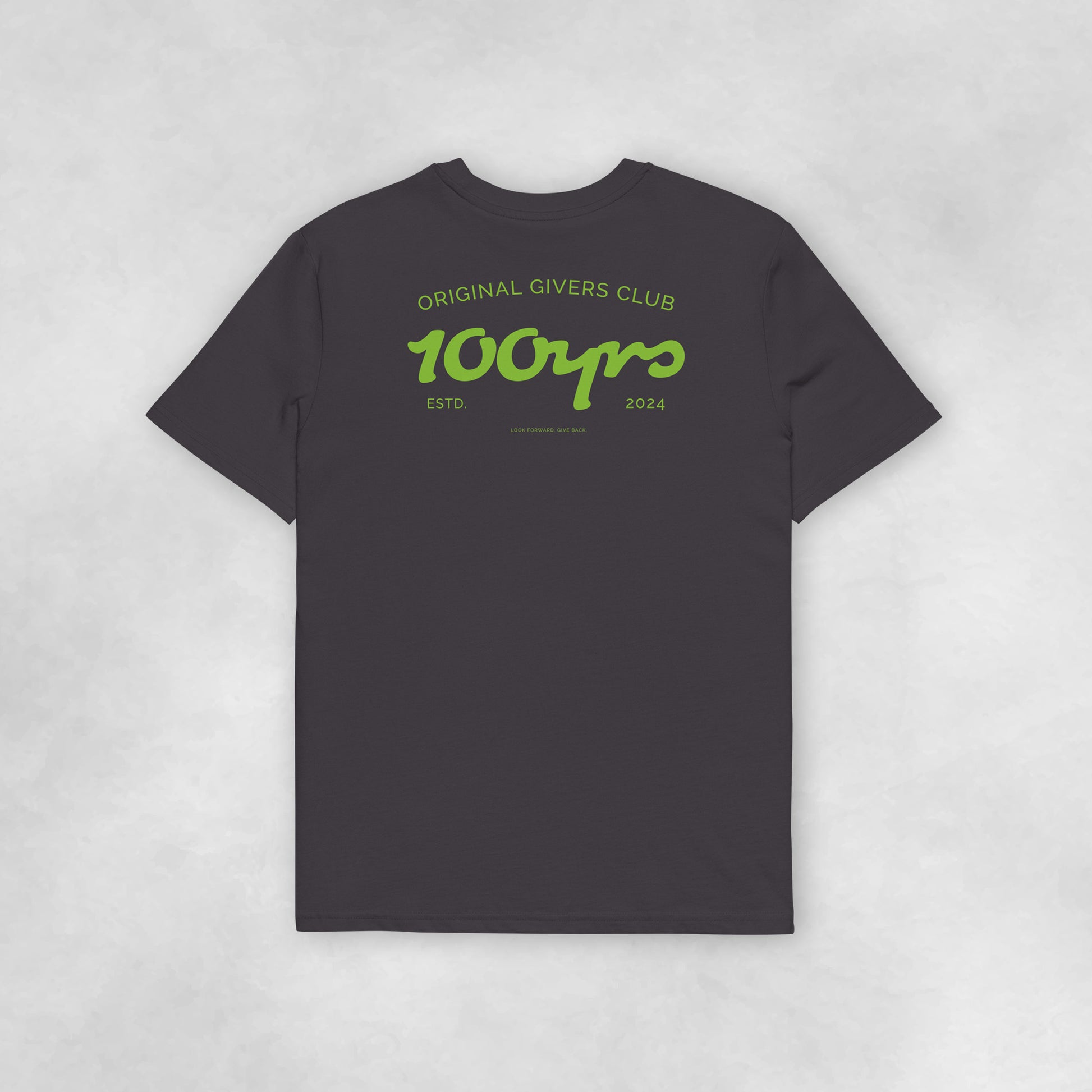 Back view of an anthracite coloured 100% organic cotton t-shirt.