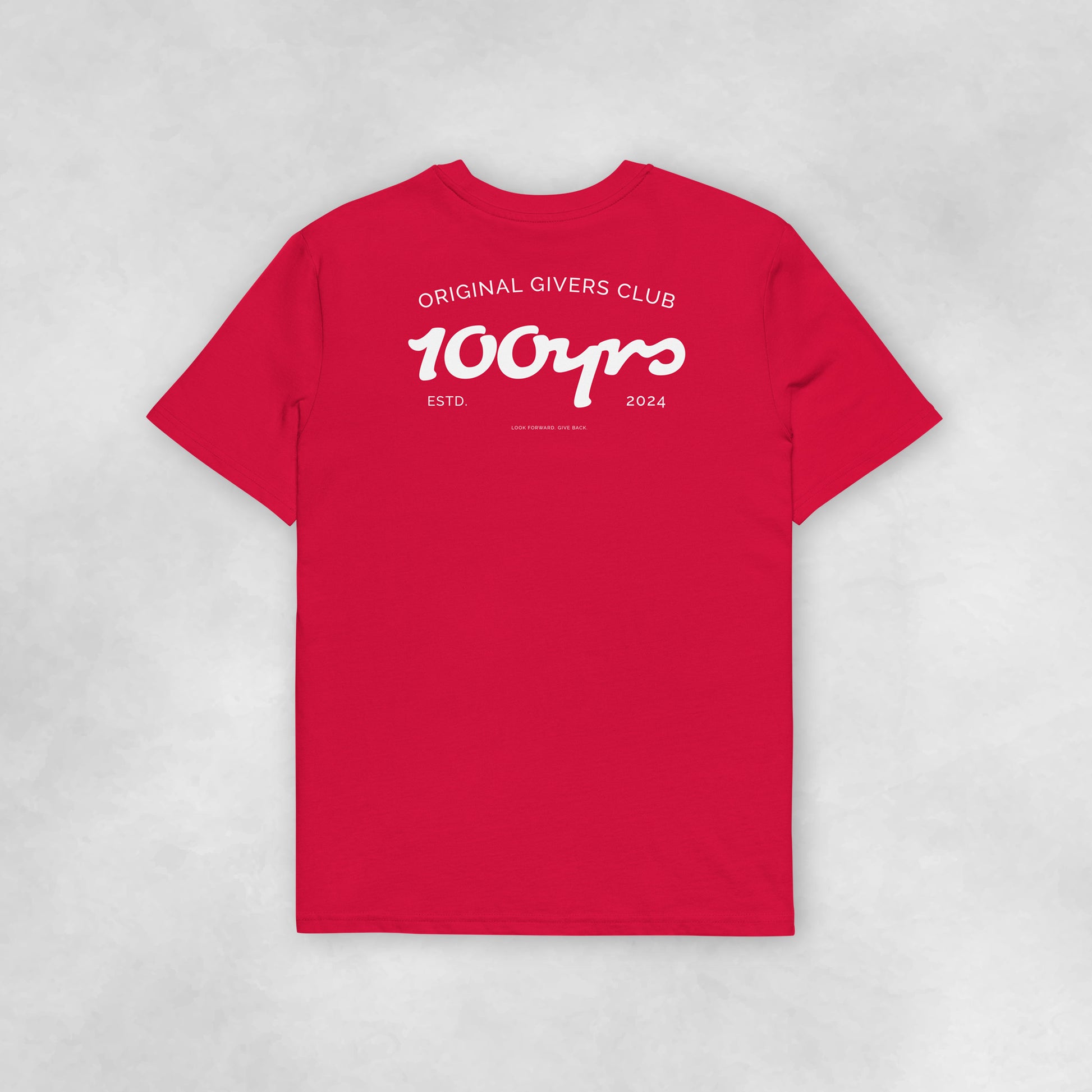 Back view of a red coloured 100% organic cotton t-shirt.