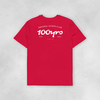 Back view of a red coloured 100% organic cotton t-shirt.