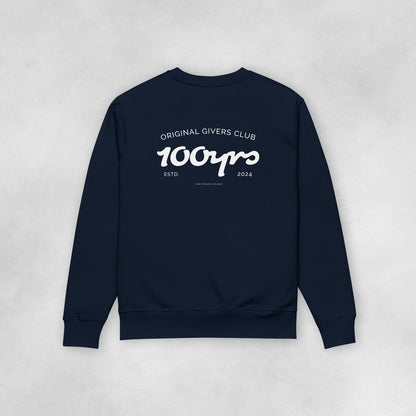 The back view of a navy coloured 100% organic cotton sweatshirt.