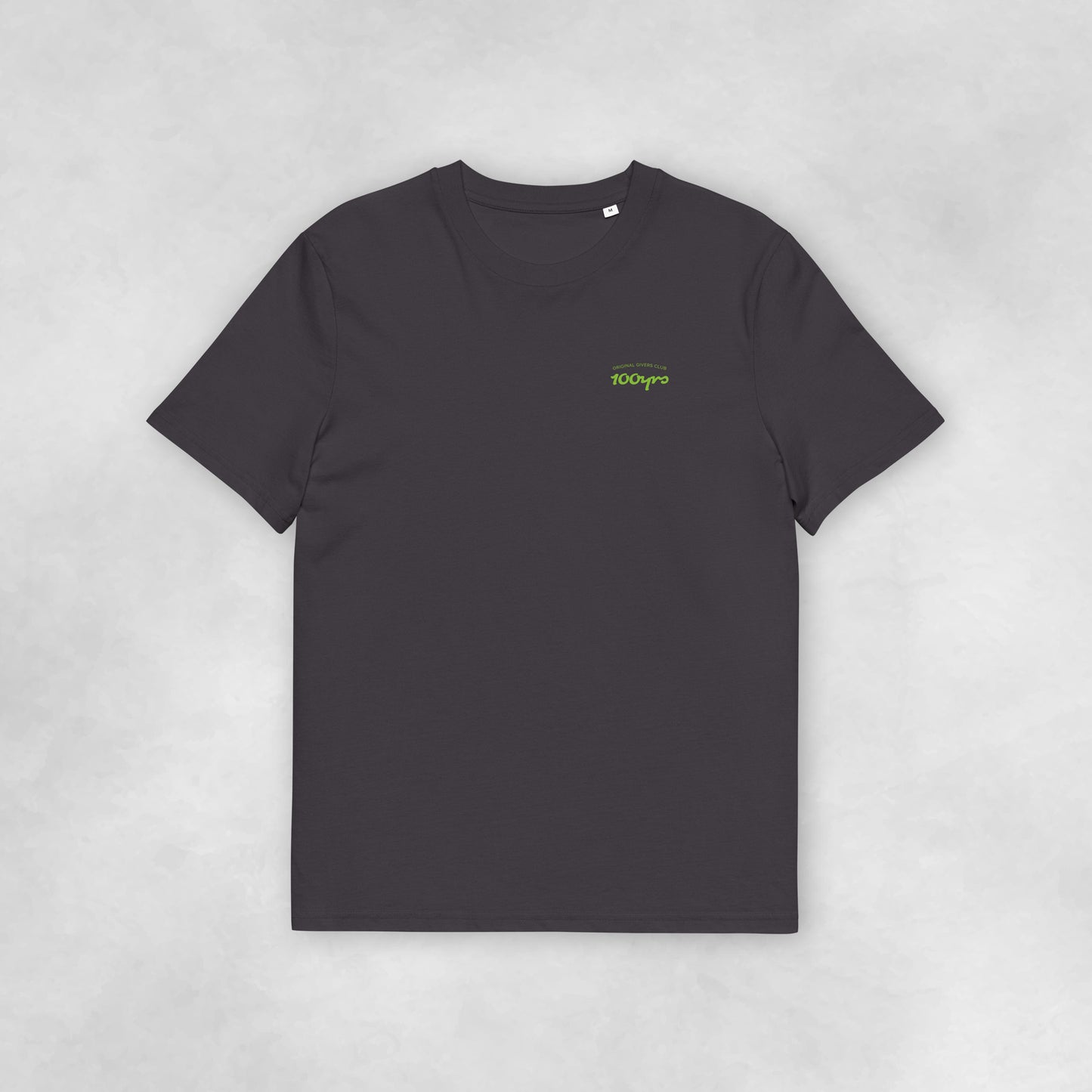 Front view of an anthracite coloured 100% organic cotton t-shirt.