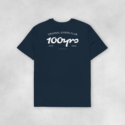 Back view of a navy coloured 100% organic cotton t-shirt.