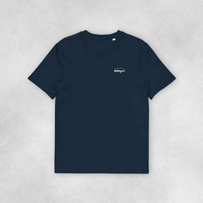 Front view of a navy coloured 100% organic cotton t-shirt.
