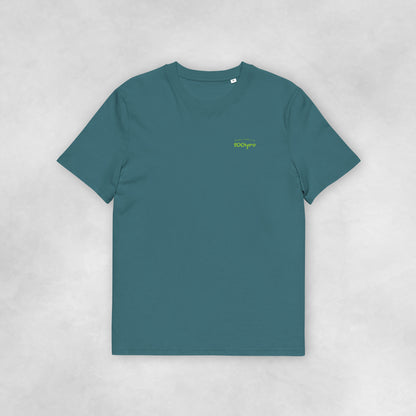 Front view of a stargazer blue coloured 100% organic cotton t-shirt.