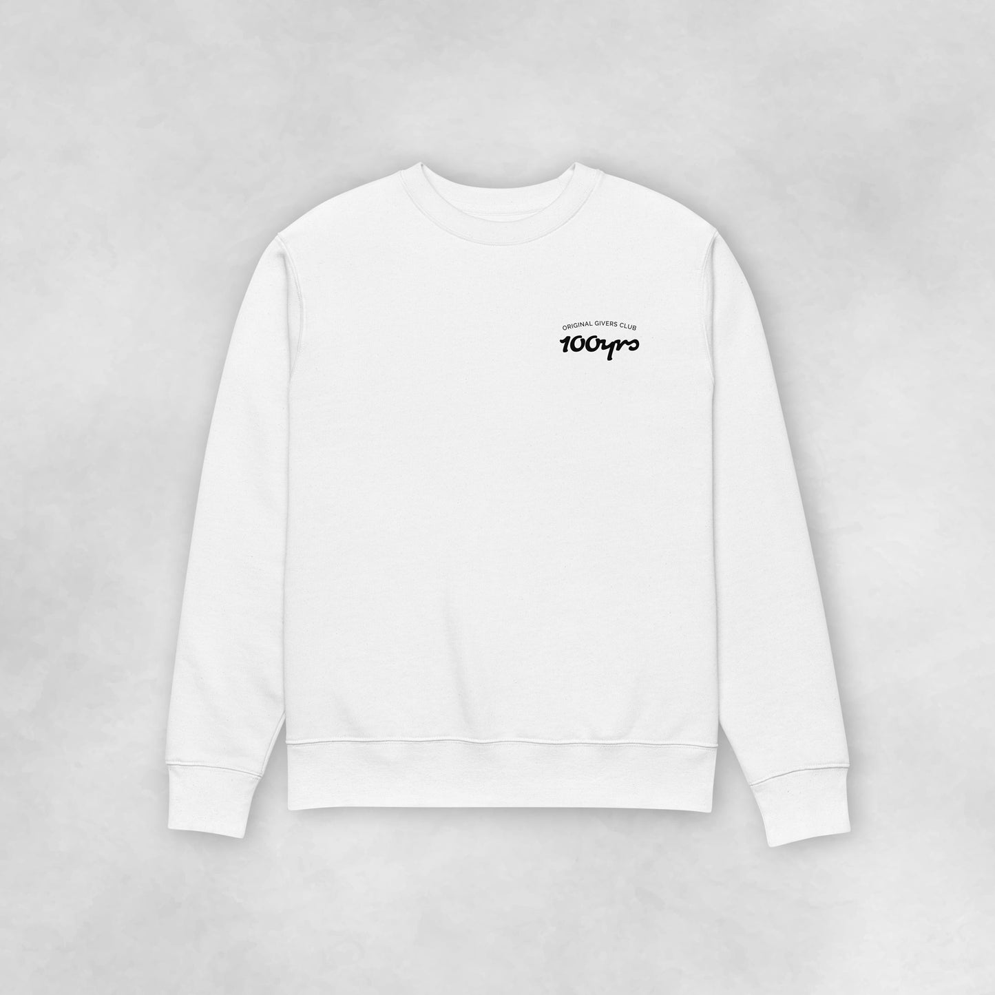 The front view of a white 100% organic cotton sweatshirt.
