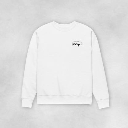 The front view of a white 100% organic cotton sweatshirt.