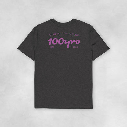 Back view of a dark heather grey coloured 100% organic cotton t-shirt.
