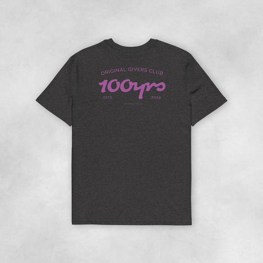 Back view of a dark heather grey coloured 100% organic cotton t-shirt.
