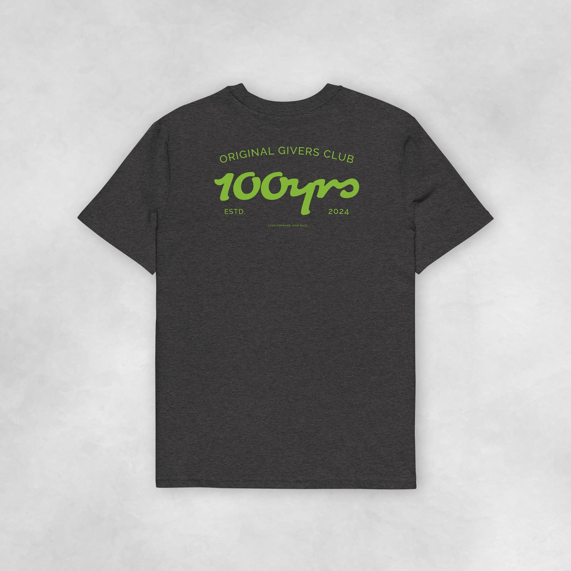 Back view of a dark heather grey coloured 100% organic cotton t-shirt.