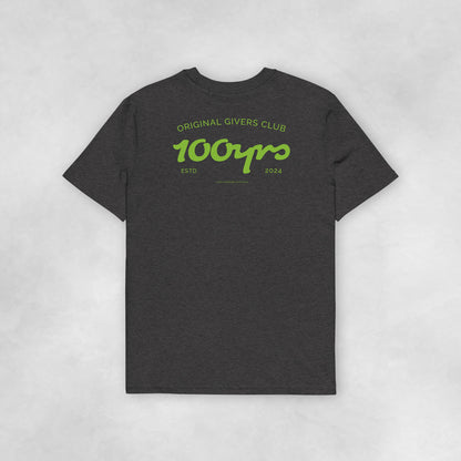 Back view of a dark heather grey coloured 100% organic cotton t-shirt.