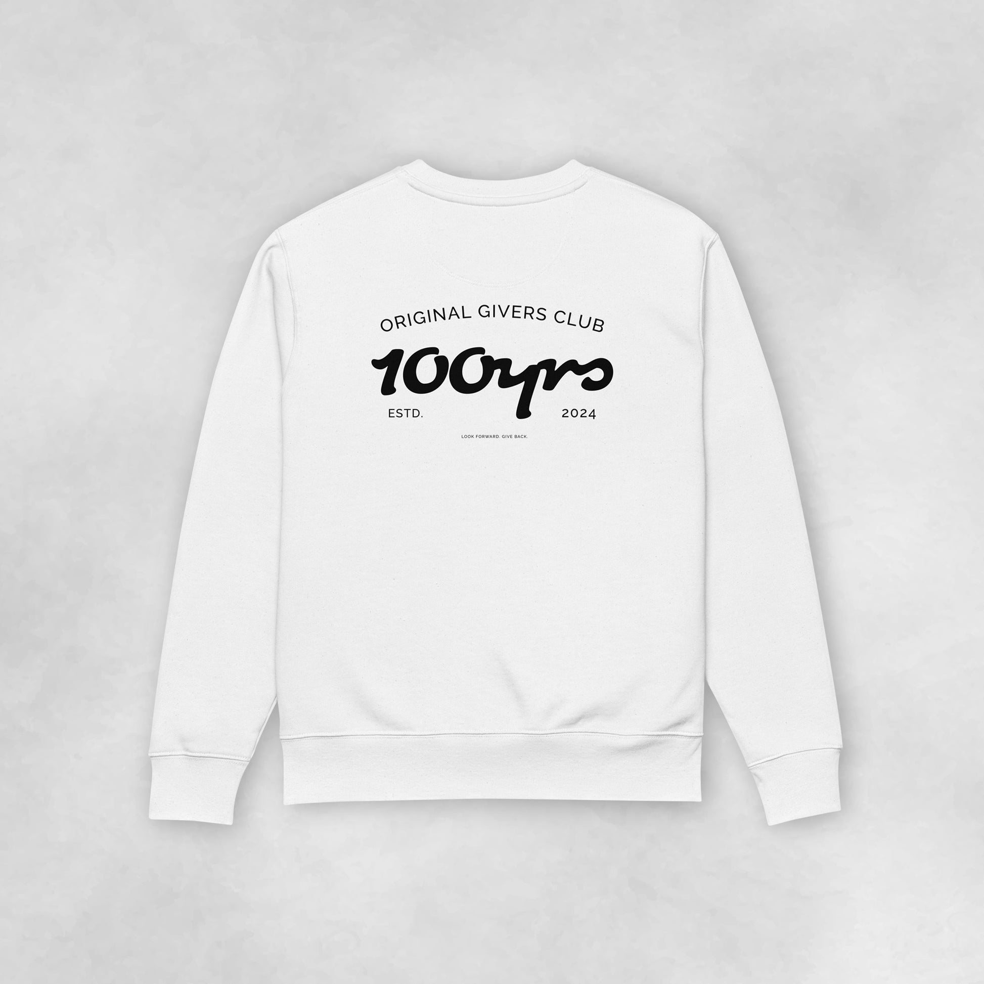 The back view of a white 100% organic cotton sweatshirt.