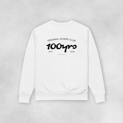 The back view of a white 100% organic cotton sweatshirt.