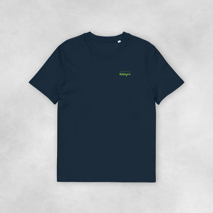 Front view of a navy coloured 100% organic cotton t-shirt.