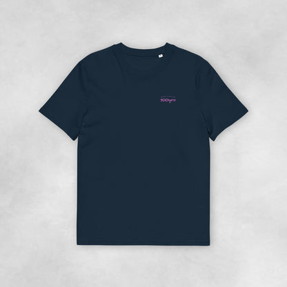 Front view of a navy coloured 100% organic cotton t-shirt.