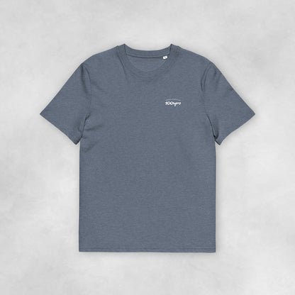 Front view of a dark heather blue coloured 100% organic cotton t-shirt.