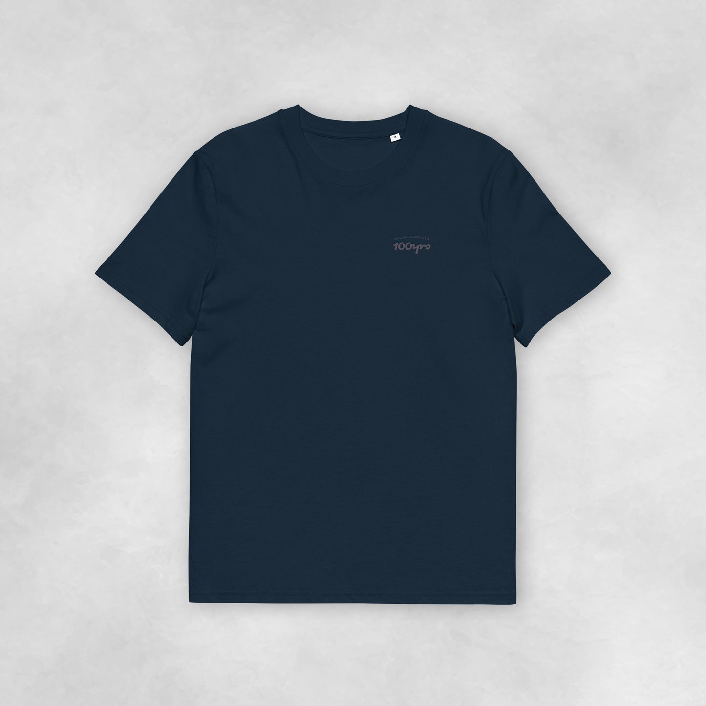 Front view of a navy coloured 100% organic cotton t-shirt.