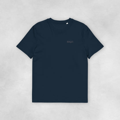 Front view of a navy coloured 100% organic cotton t-shirt.