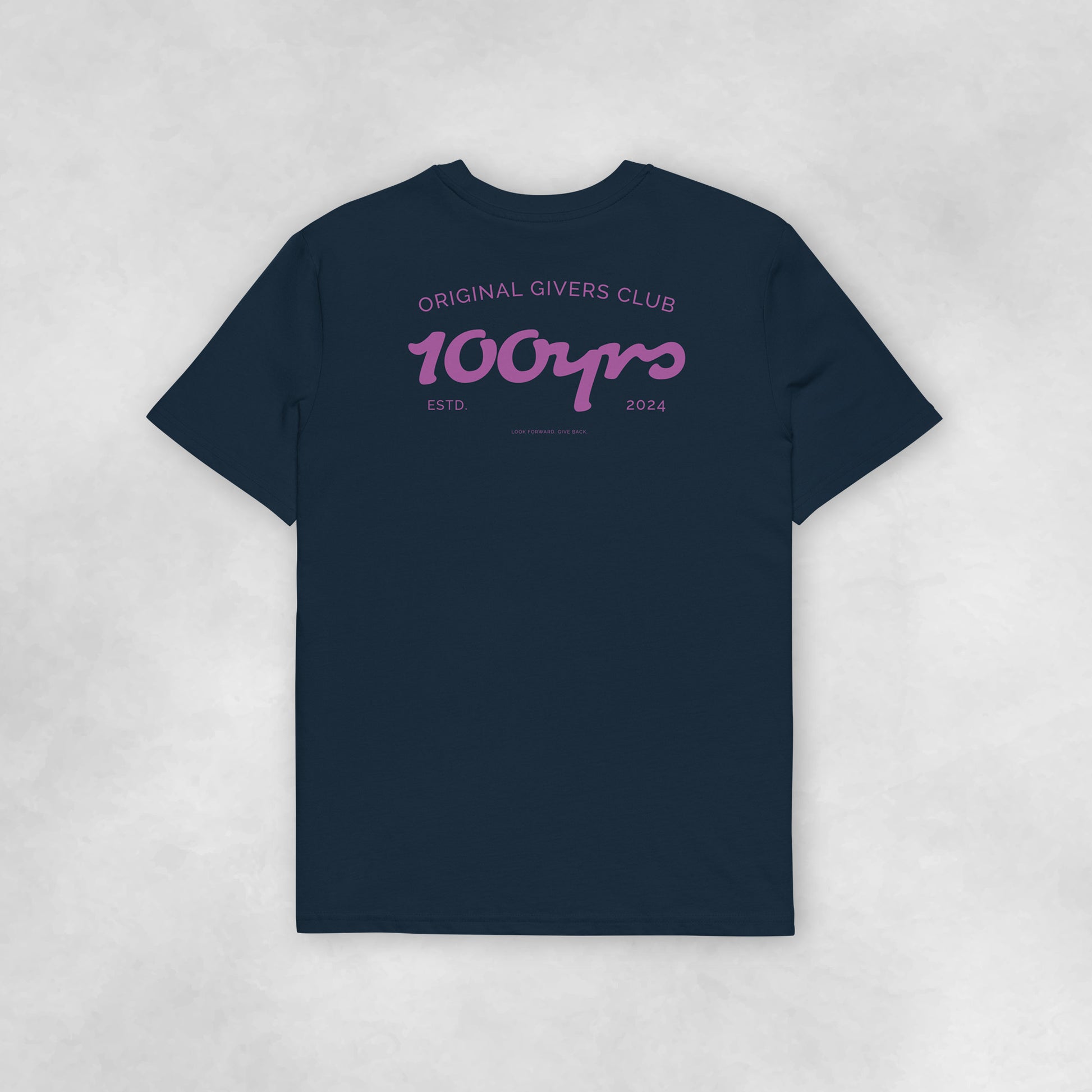 Back view of a navy coloured 100% organic cotton t-shirt.