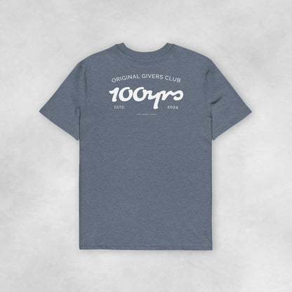 Back view of a dark heather blue coloured 100% organic cotton t-shirt.