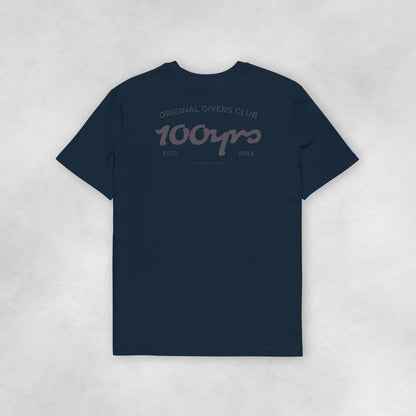 Back view of a navy coloured 100% organic cotton t-shirt.