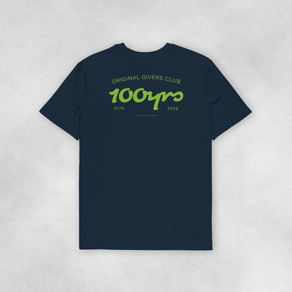 Back view of a navy coloured 100% organic cotton t-shirt.