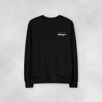 The front view of a black coloured 100% organic cotton sweatshirt.