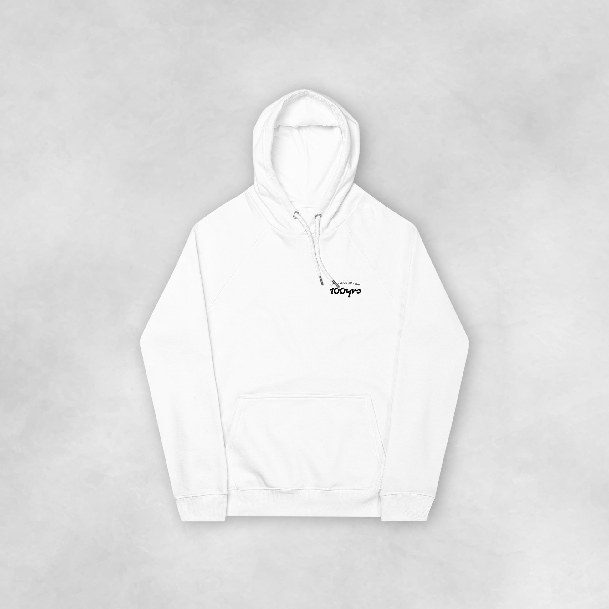 The front view of a white organic cotton raglan hoodie.