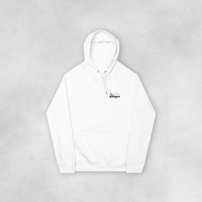 The front view of a white organic cotton raglan hoodie.