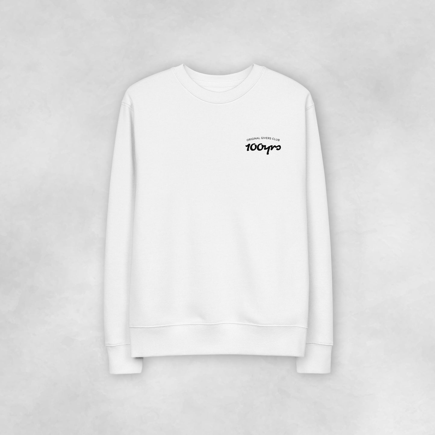 The front view of a white 100% organic cotton sweatshirt.