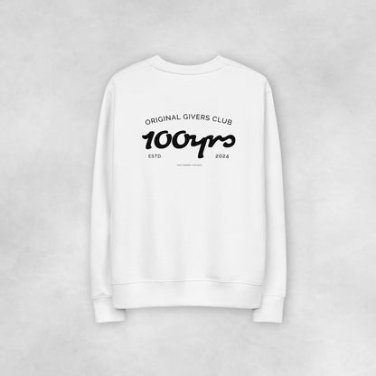 The back view of a white 100% organic cotton sweatshirt.