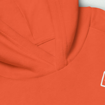 Close-up view of the vibrant orange Unisex Kids Eco Hoodie with 100yrs Logo, featuring a cozy hood and smooth fabric texture.