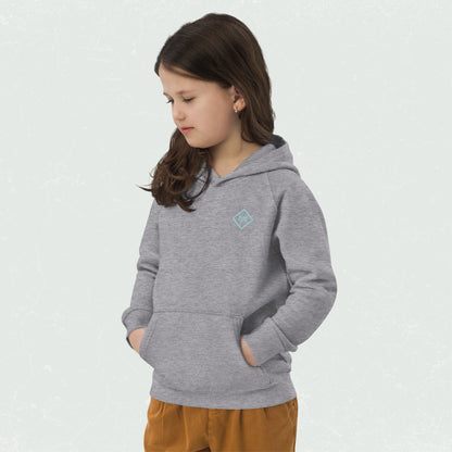 A child wearing a cozy grey Unisex Kids Eco Hoodie with a front pouch pocket and the 100yrs logo, paired with brown pants.