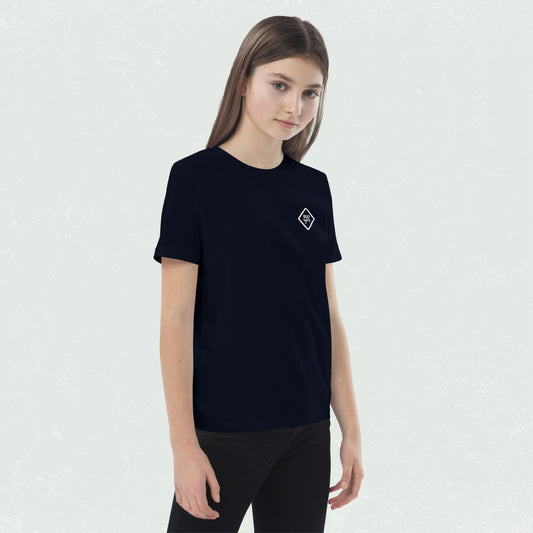 Kid wearing a black unisex organic cotton t-shirt with 100yrs logo, featuring a classic, relaxed fit.