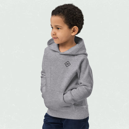 Young boy wearing a grey unisex kids eco hoodie with the "100yrs" logo, featuring a front pouch pocket and raglan sleeves for comfort and movement.