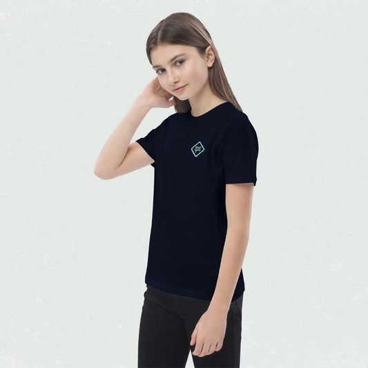 Unisex Organic Kids T-Shirt with 100yrs Logo in black, modeled by a child.