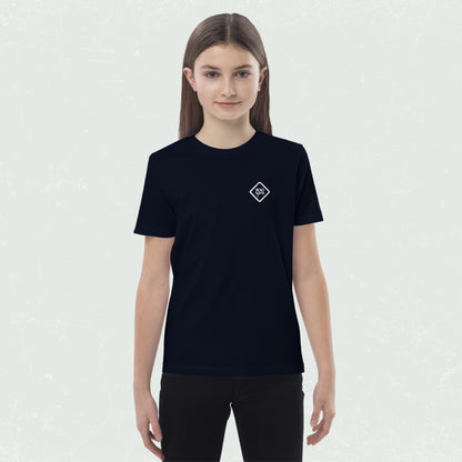 Kid wearing a black unisex organic t-shirt with a small "100yrs" logo on the chest.