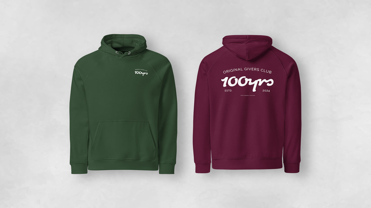 On the left is the front view of a green coloured organic cotton raglan hoodie. On the right is the back view of a burgundy coloured organic cotton raglan hoodie.